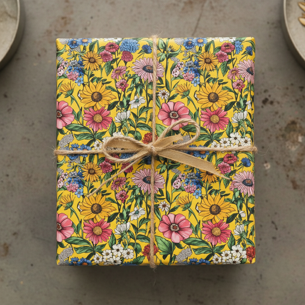Gift box wrapped in bright yellow floral wrapping paper with twine bow.