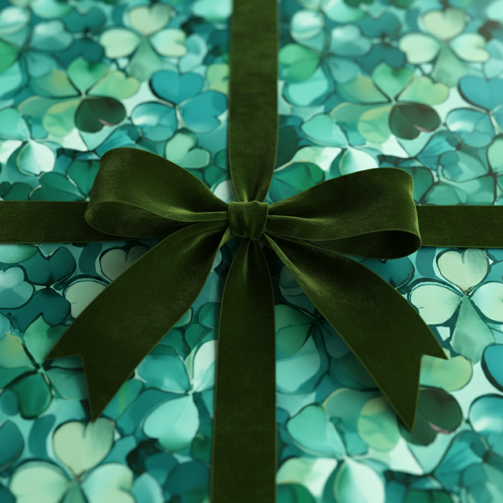 Close-up of a gift wrapped in green floral wrapping paper with a dark green velvet ribbon.
