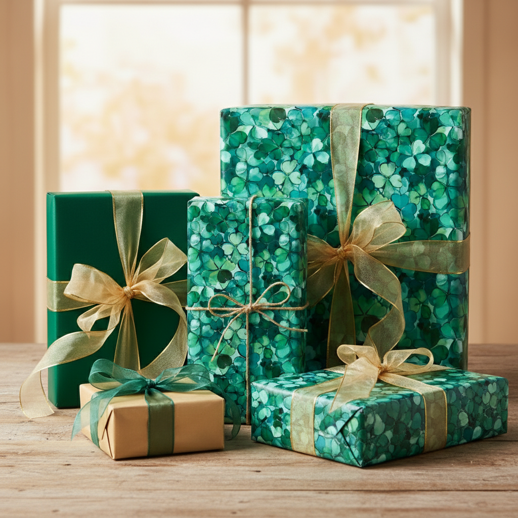 St. Patrick's Day gifts wrapped in floral shamrock wrapping paper with gold ribbon on a wood surface.