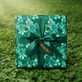 Emerald green clover wrapping paper with satin ribbon, "Lucky You" tag, for St. Patrick's Day gift.