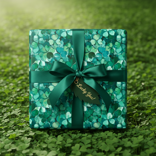 Emerald green clover wrapping paper with satin ribbon, "Lucky You" tag, for St. Patrick's Day gift.