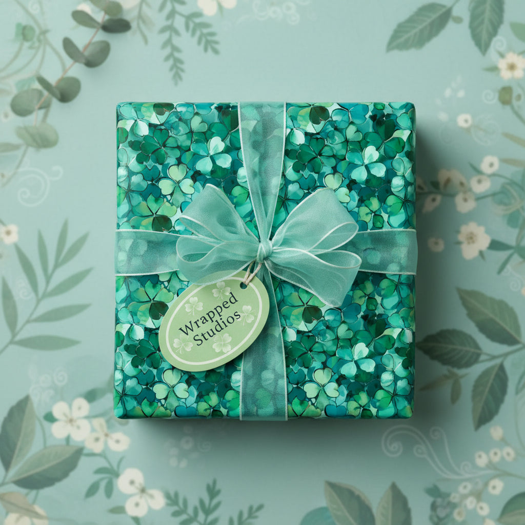 Square gift wrapped in green shamrock paper with sheer ribbon, perfect for St. Patrick's Day gifting.