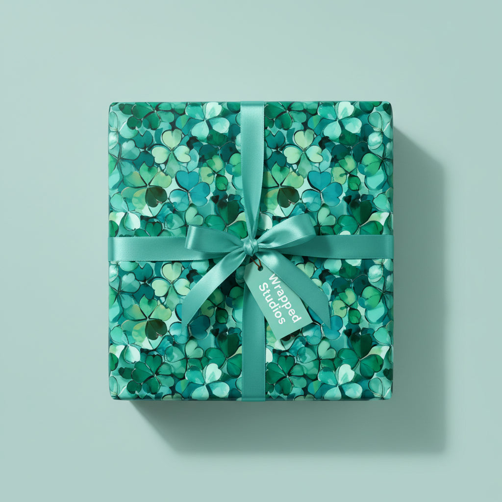 Square gift wrapped in clover floral wrapping paper with matching ribbon, perfect for St. Patrick's Day.