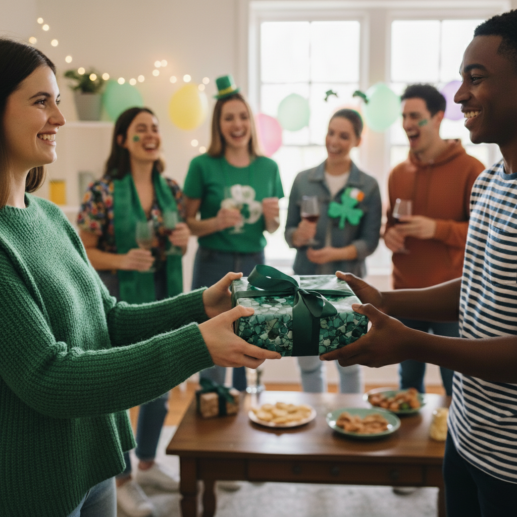 St. Patrick's Day gift exchange with present wrapped in green floral wrapping paper and matching ribbon.