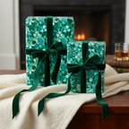 Elegant gifts wrapped in green shamrock wrapping paper with velvet ribbon on a table.