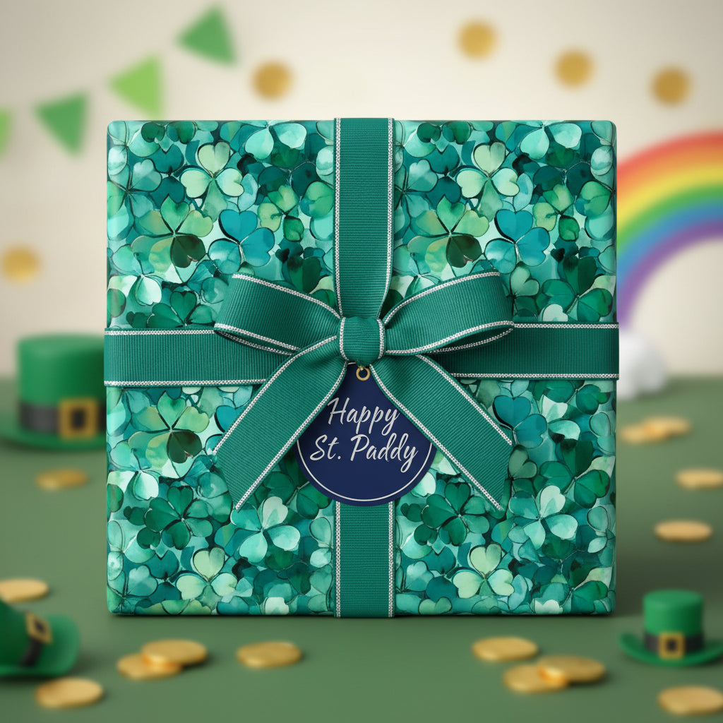 St. Patrick's Day gift wrapped in shamrock wrapping paper with a green ribbon and "Happy St. Paddy" gift tag.