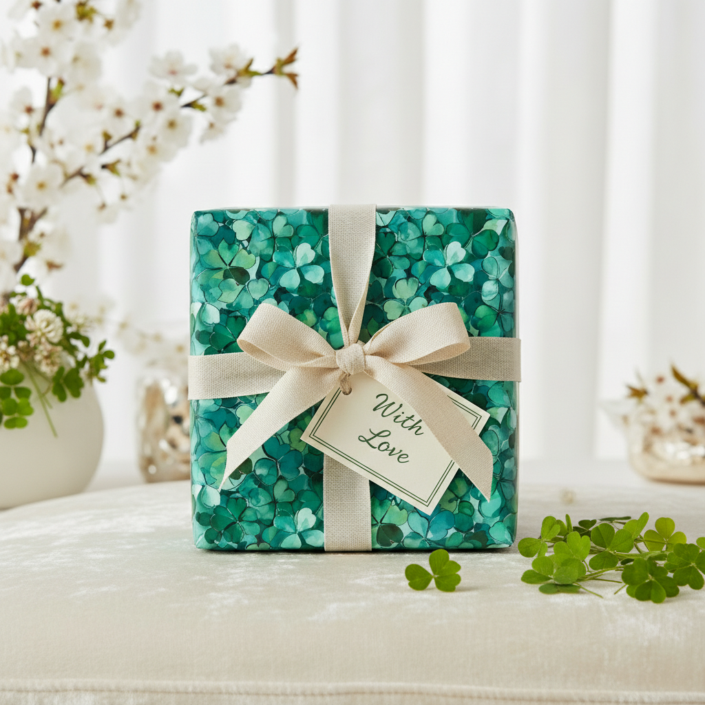 Elegant gift wrapped in green shamrock wrapping paper with cream ribbon and "With Love" tag.