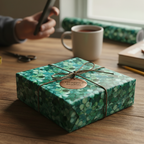 Square gift box wrapped in green floral wrapping paper with twine and tag.