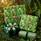 Stylish gifts wrapped in lucky shamrock wrapping paper with twine, plus a dark green velvet box and greenery.