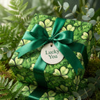 St. Patrick's Day gift wrapped in clover wrapping paper with a green ribbon and a "Lucky You" gift tag.