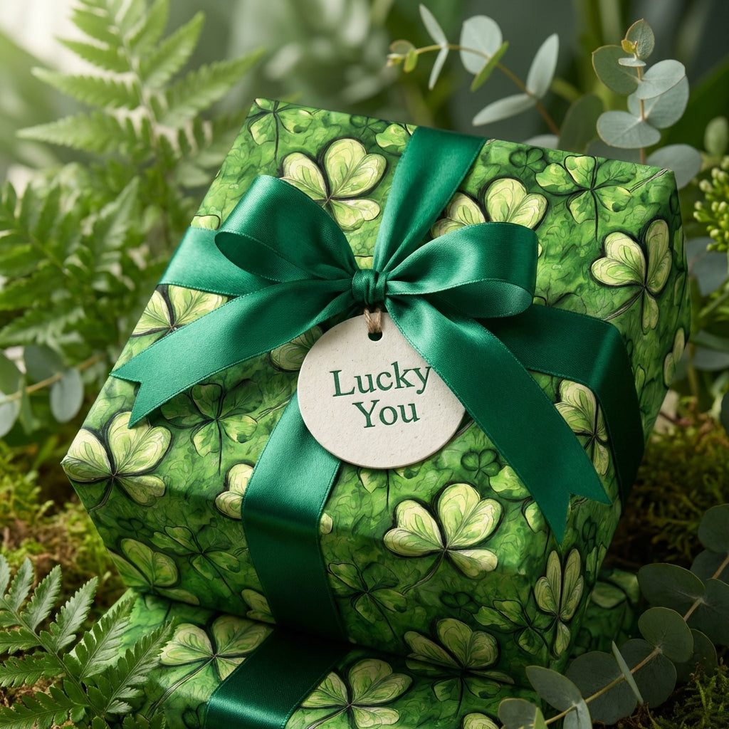St. Patrick's Day gift wrapped in clover wrapping paper with a green ribbon and a "Lucky You" gift tag.