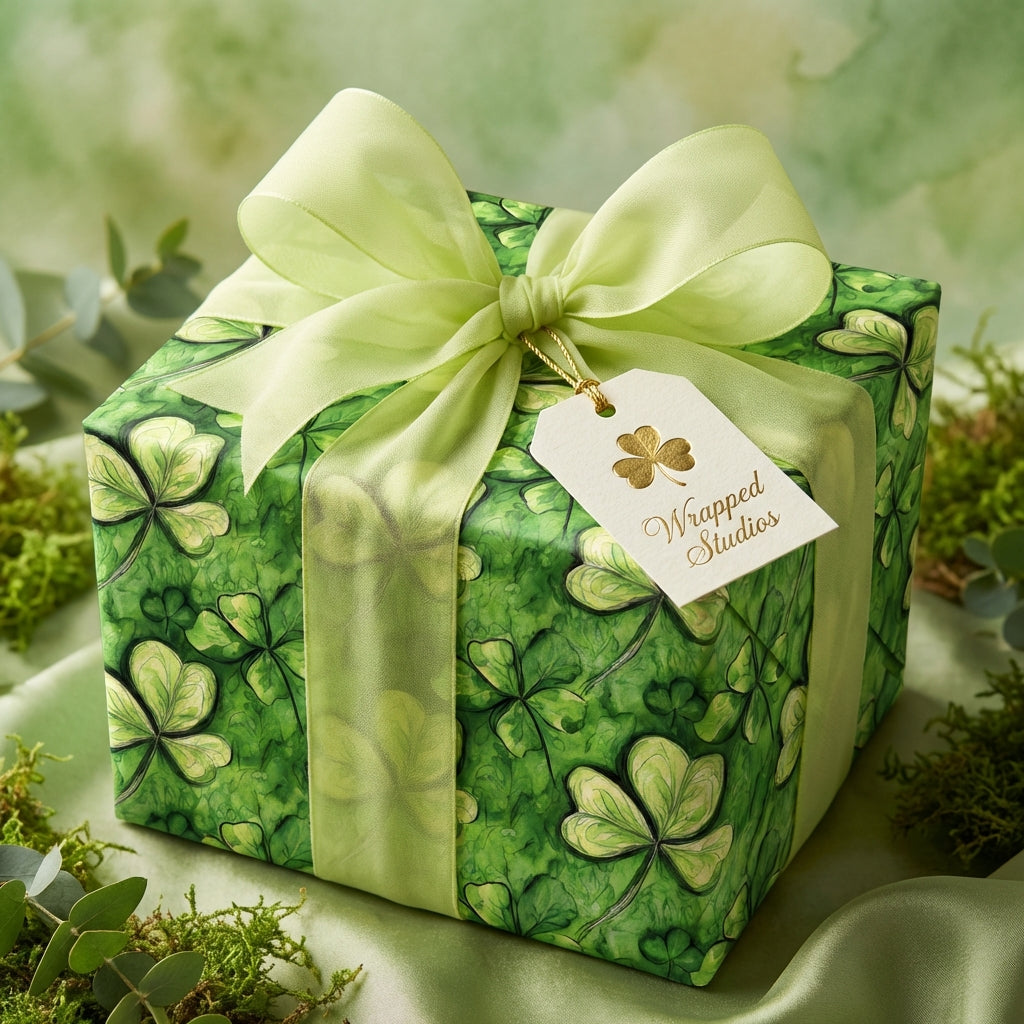 Square gift box wrapped in green shamrock patterned wrapping paper, tied with a light green bow and tag.
