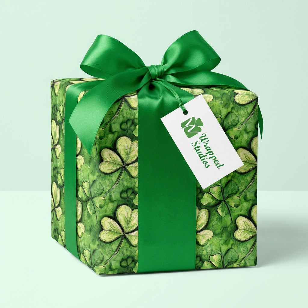 Square gift wrapped in green shamrock St. Patrick's Day wrapping paper, with a matching green bow.