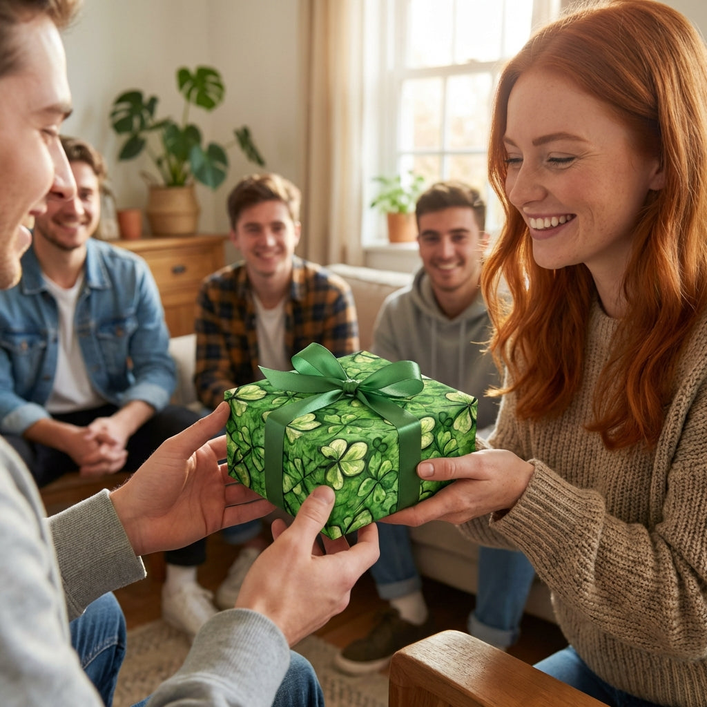 Woman accepting St. Patrick's Day gift wrapped in shamrock print paper with green ribbon at a party.