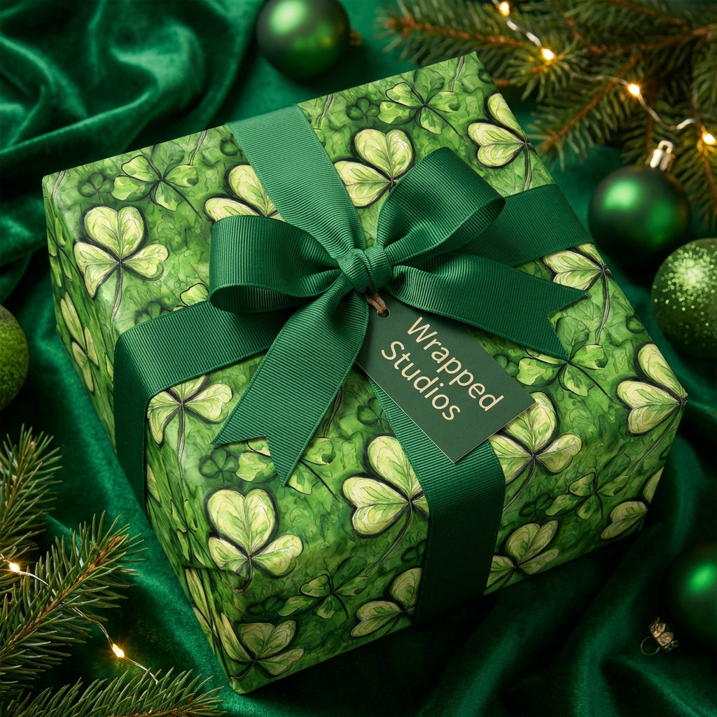Elegant green St. Patrick's Day wrapping paper with shamrock pattern, tied with a ribbon bow.