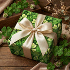 Square gift wrapped in green floral wrapping paper with shamrocks and tied with a cream-colored ribbon.