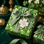 Elegant gift wrapped in cloverleaf print wrapping paper with sage ribbon and "Wishing You Luck" tag.