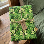 St. Patrick's Day gift wrapped in lucky green shamrock wrapping paper with twine and tag.