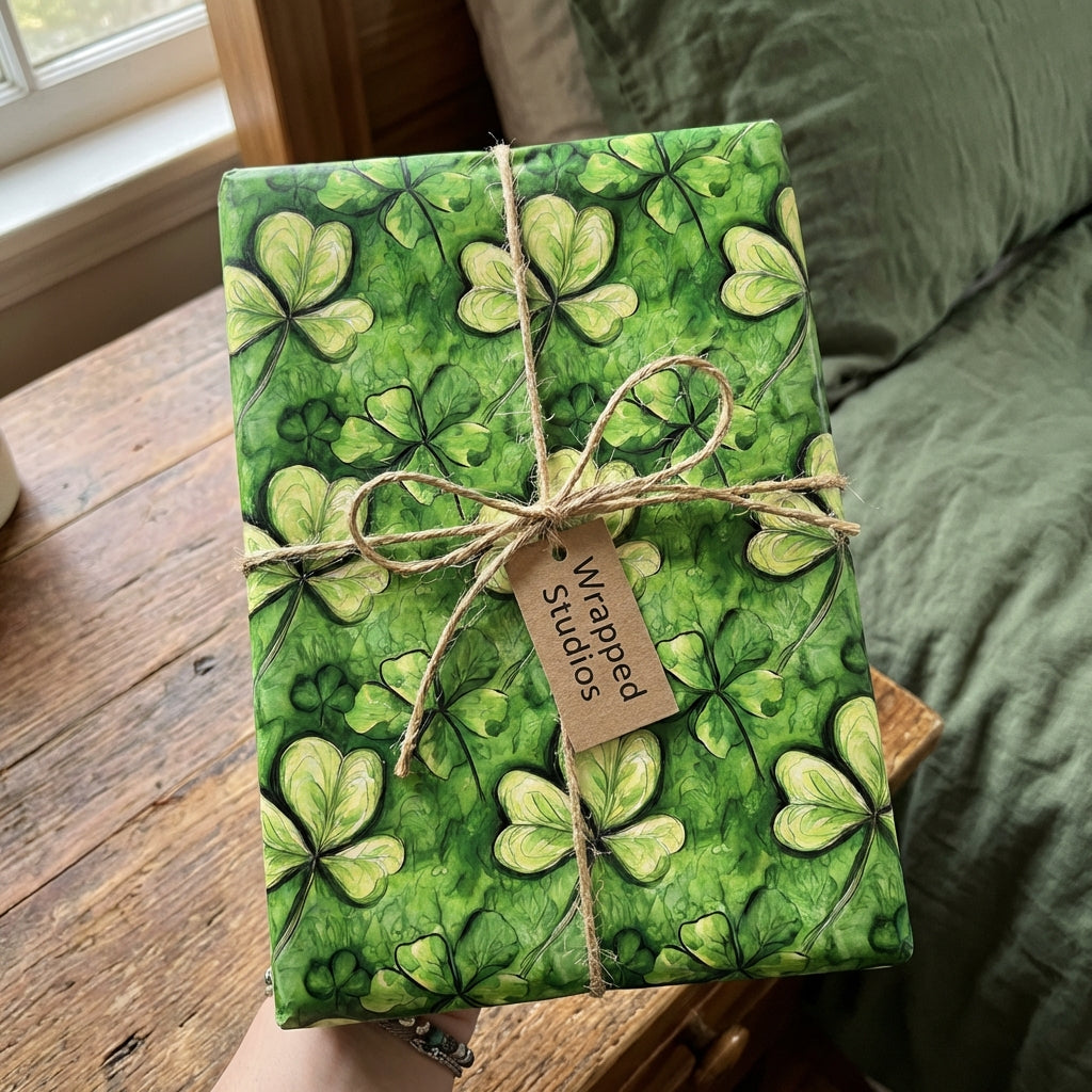 St. Patrick's Day gift wrapped in lucky green shamrock wrapping paper with twine and tag.