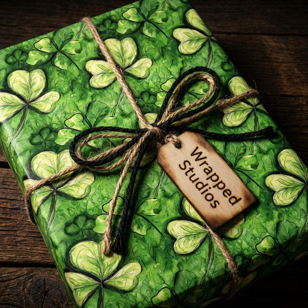 St. Patrick's Day gift wrap: Green shamrock wrapping paper with rustic twine and a wood tag.