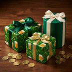 St. Patrick's Day wrapping paper with shamrocks and beer mugs on gifts by Wrapped Studios.