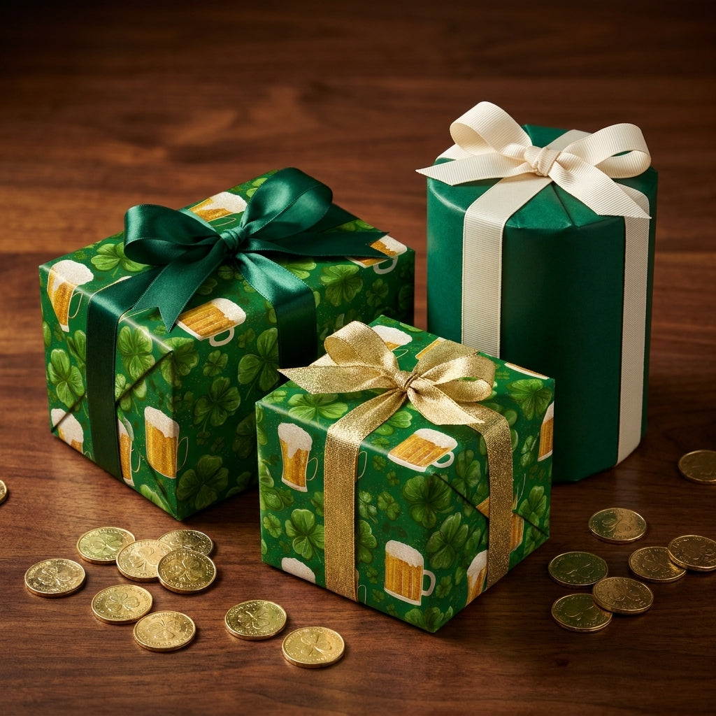 St. Patrick's Day wrapping paper with shamrocks and beer mugs on gifts by Wrapped Studios.