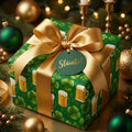 Irish gift wrap with shamrocks and beer mugs, tied with a gold bow and Sláinte tag by Wrapped Studios.