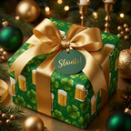 Irish gift wrap with shamrocks and beer mugs, tied with a gold bow and Sláinte tag by Wrapped Studios.