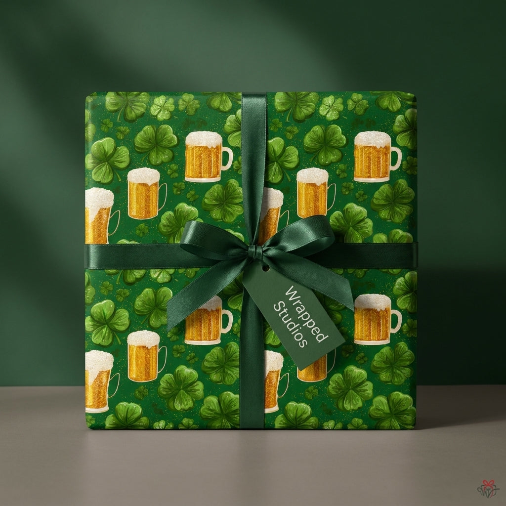 St. Patrick's Day wrapping paper with shamrocks and beer mugs, tied with a green bow by Wrapped Studios.