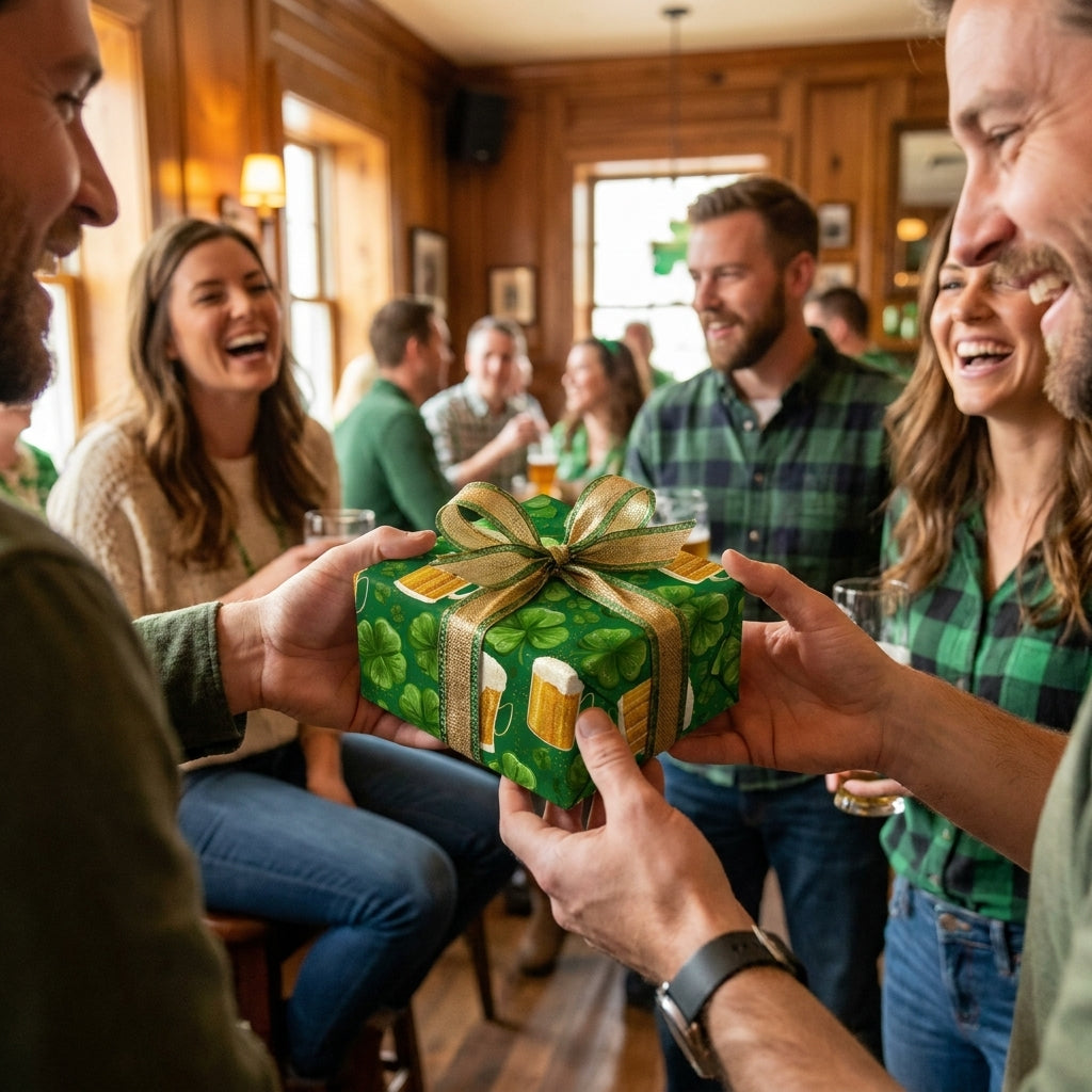 St. Patrick's Day wrapping paper with shamrocks and beer on a gift box by Wrapped Studios.