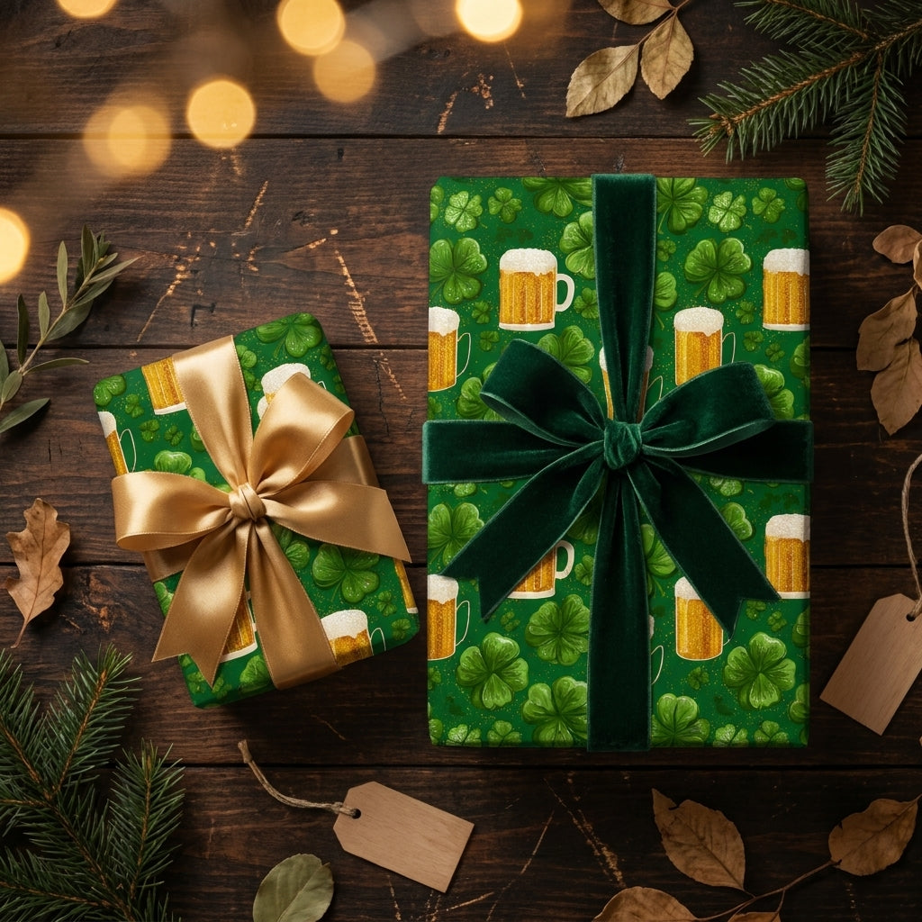 Green St. Patrick's Day wrapping paper with shamrocks and beer mugs on gifts by Wrapped Studios.