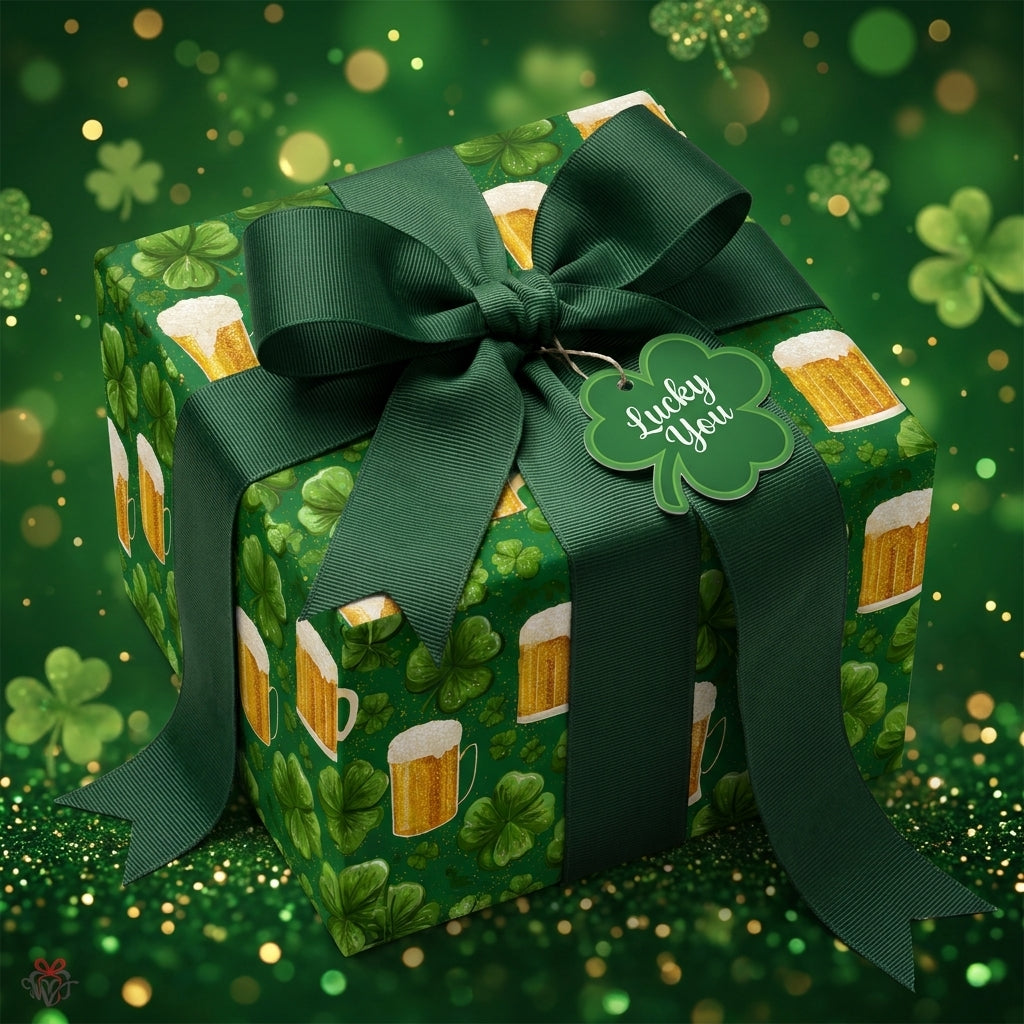 St. Patrick's Day wrapping paper with green shamrocks and beer mugs on a gift box, by Wrapped Studios.