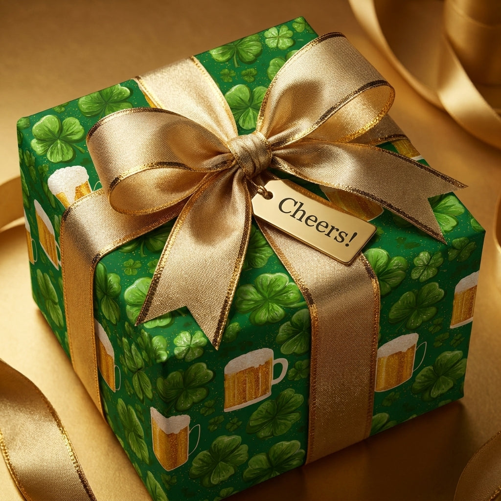 St. Patrick's Day wrapping paper with shamrocks and beer mugs, gold bow, and Cheers tag. Wrapped Studios.