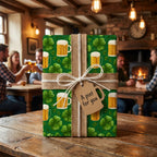St. Patrick’s Day beer wrapping paper with shamrocks and burlap ribbon by Wrapped Studios.