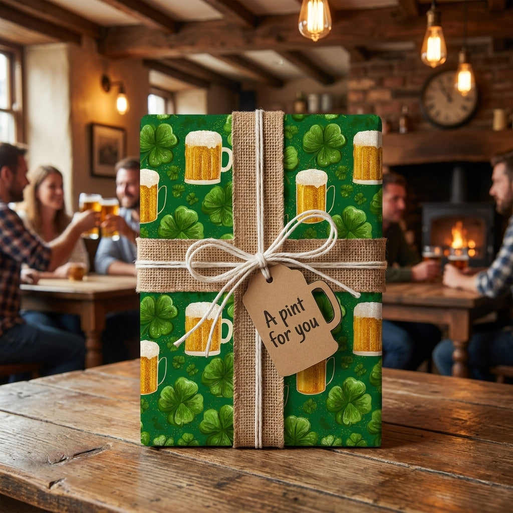 St. Patrick’s Day beer wrapping paper with shamrocks and burlap ribbon by Wrapped Studios.
