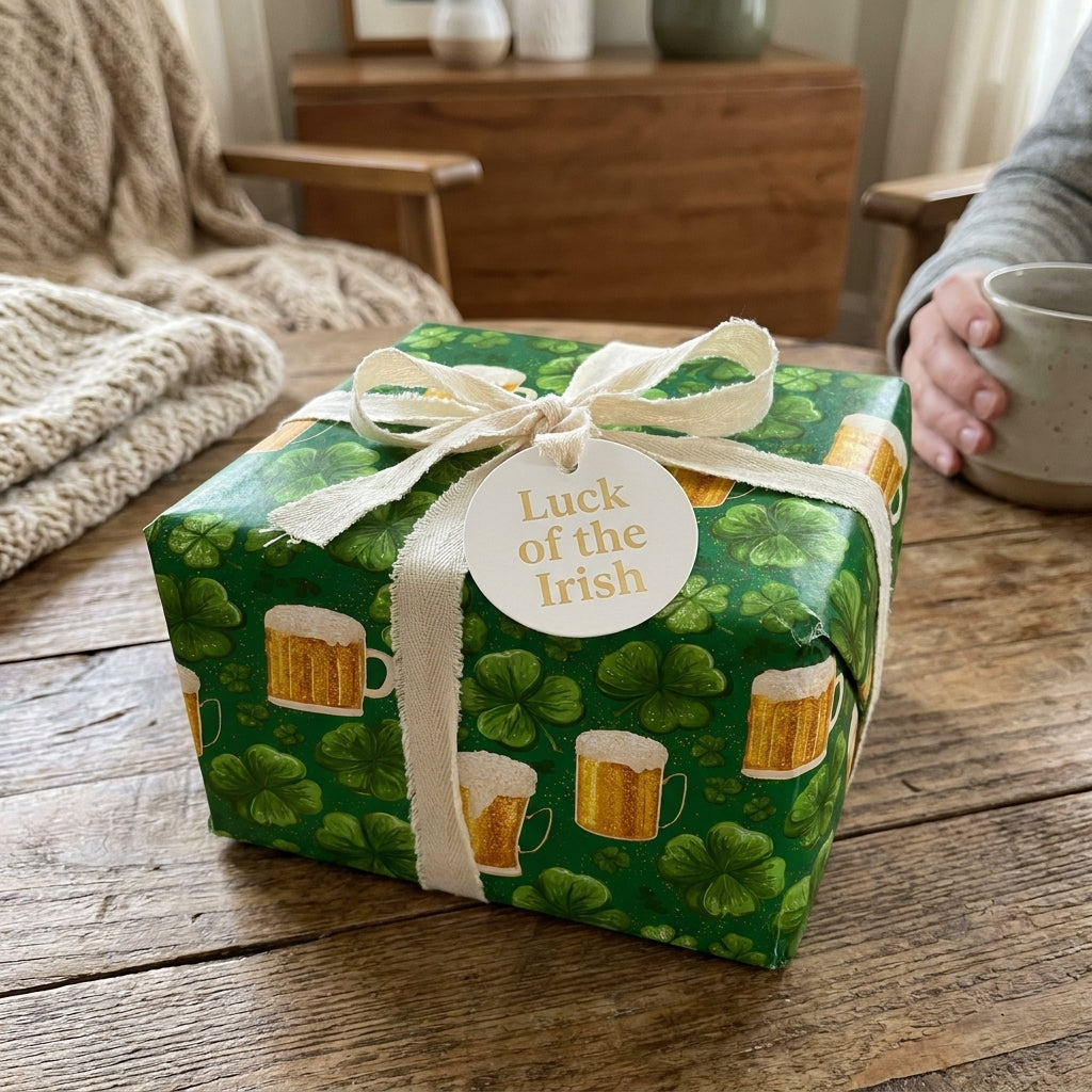 St. Patrick's Day wrapping paper with shamrocks and beer mugs, tied with a white bow by Wrapped Studios.