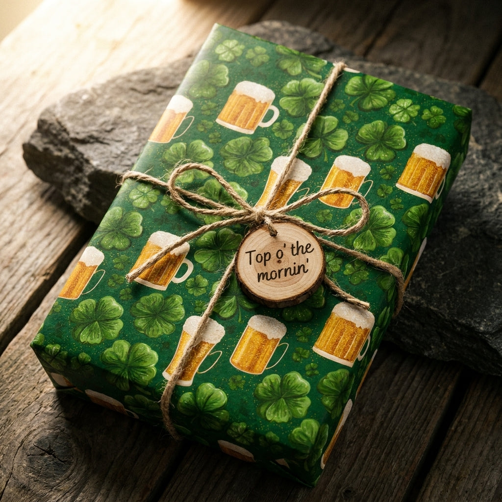 Green shamrock and beer mug St. Patrick's Day wrapping paper with a rustic twine bow, by Wrapped Studios.