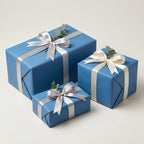 Blue gift boxes wrapped with silver and cream satin ribbon, elegant present wrapping paper for birthday or special occasion.