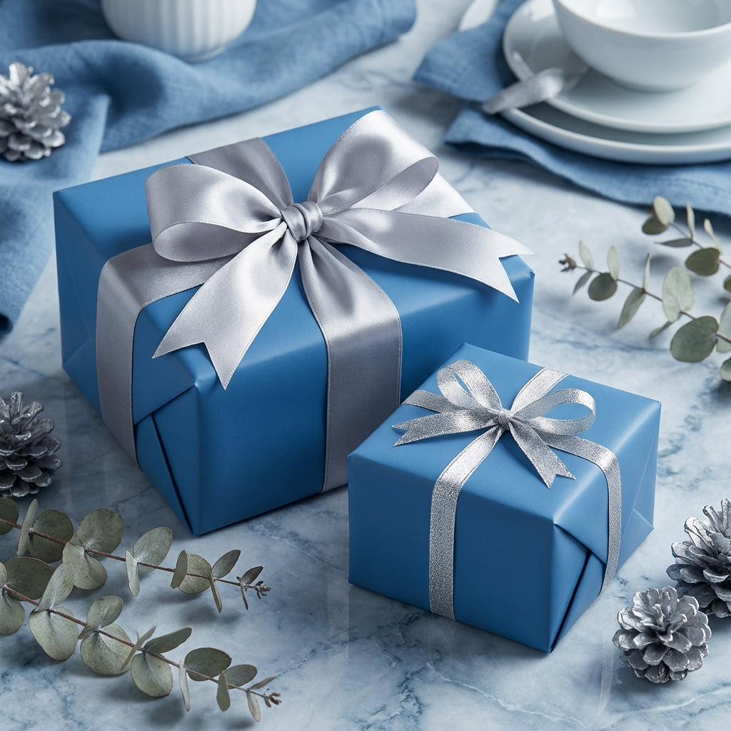 Two blue gift boxes wrapped in solid color paper with silver satin ribbon for a birthday, Christmas, or baby shower present.