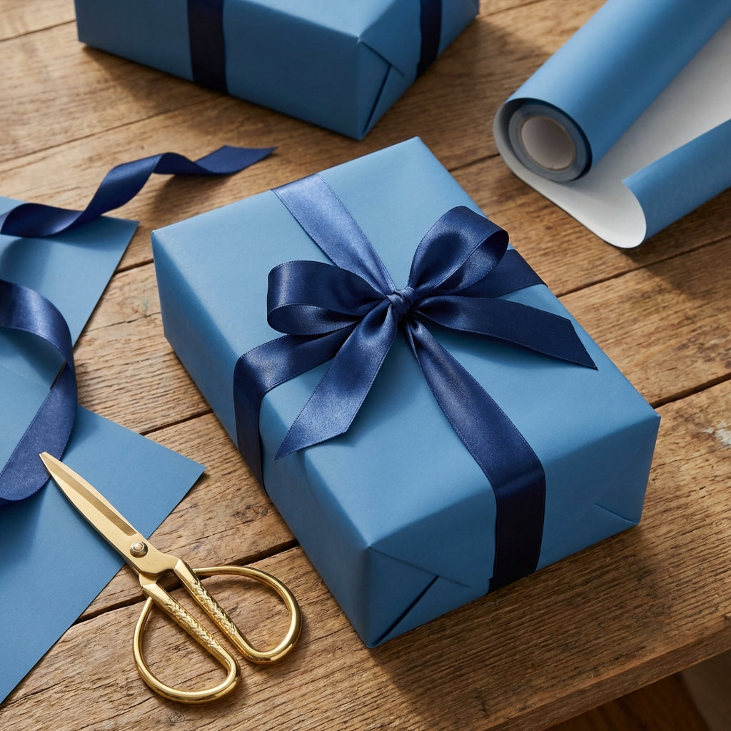Blue gift box with satin ribbon bow on wood table. Solid color wrapping paper roll and gold scissors.