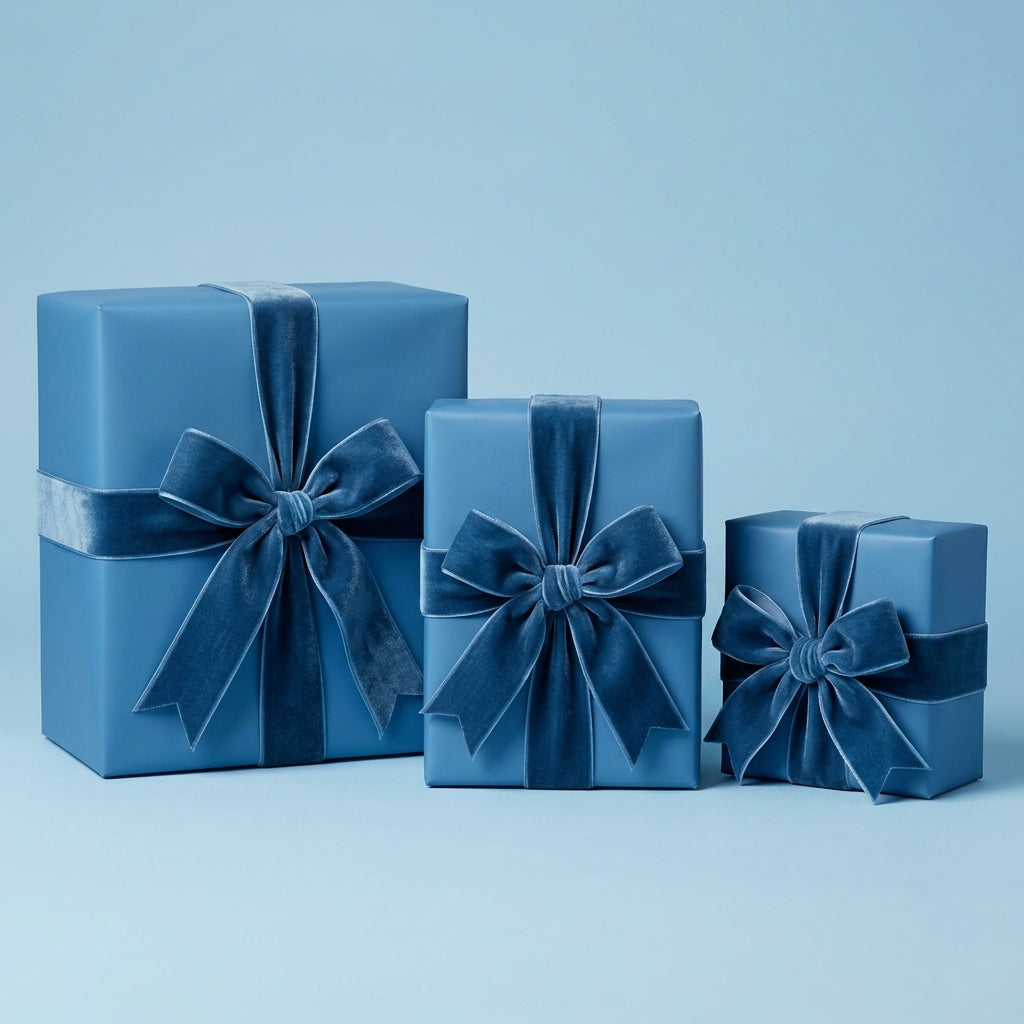 Three blue gift boxes wrapped in solid color wrapping paper with dark blue velvet ribbon bows.