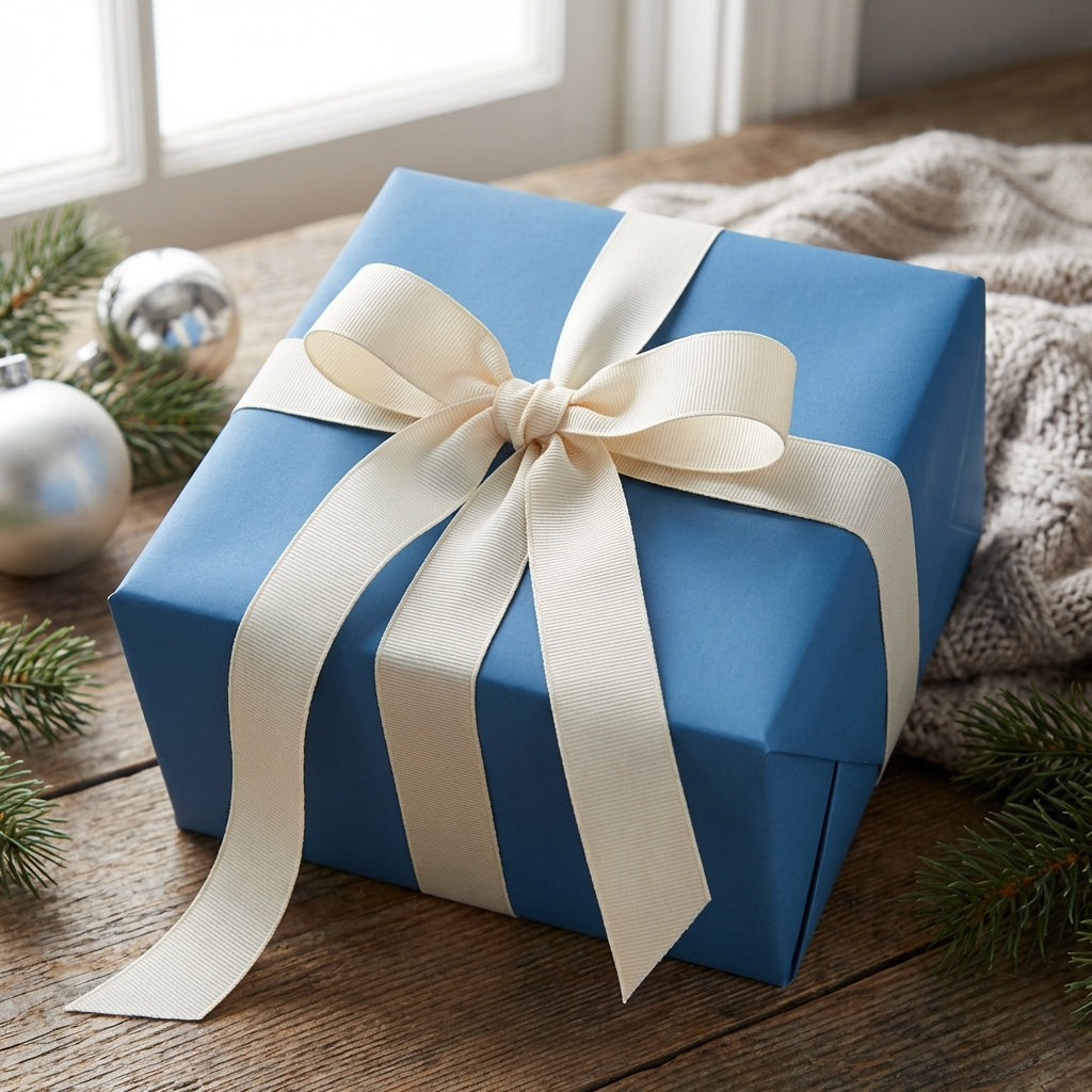 Solid blue gift box wrapped with a wide cream ribbon, perfect for Christmas presents or elegant birthday gift wrapping.