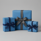 Three blue gifts wrapped in solid color wrapping paper with ribbon & bow accents.