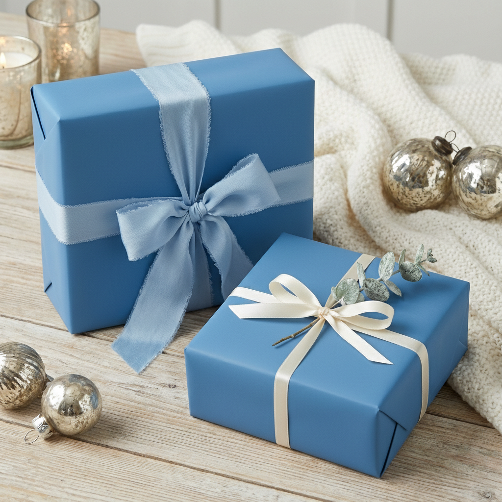 Elegant blue gift boxes wrapped in solid color paper with ribbons, holiday ornaments, and cozy blanket for Christmas or birthdays.