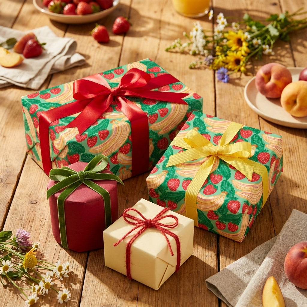 Strawberry and banana fruit wrapping paper on gift boxes on a summer picnic table by Wrapped Studios.