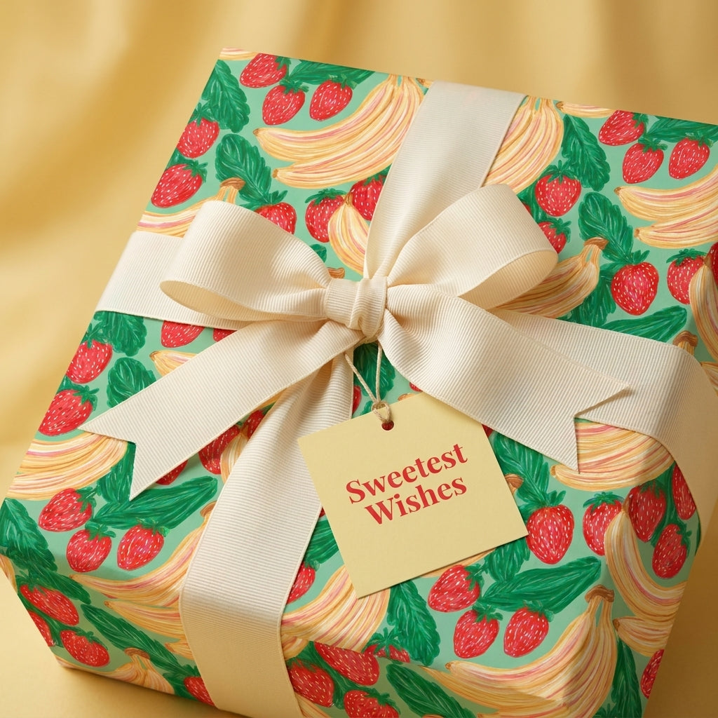 Cute strawberry and banana birthday wrapping paper with a cream bow and gift tag by Wrapped Studios.