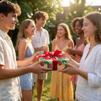 Friends sharing a gift in strawberry fruit wrapping paper with a red ribbon by Wrapped Studios.