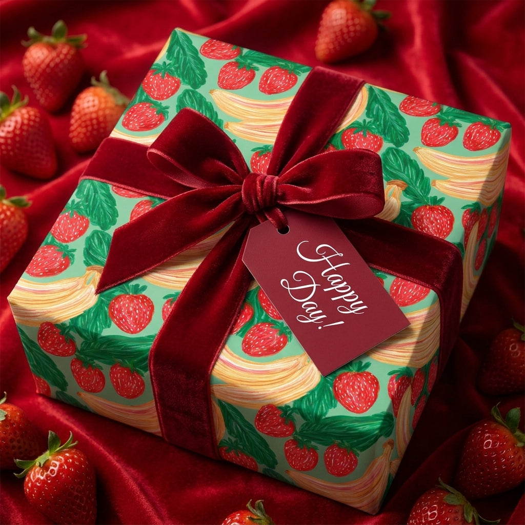 Strawberry birthday wrapping paper with a luxury red velvet bow by Wrapped Studios.