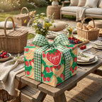 Strawberry fruit wrapping paper with a green gingham bow at a backyard picnic, by Wrapped Studios.