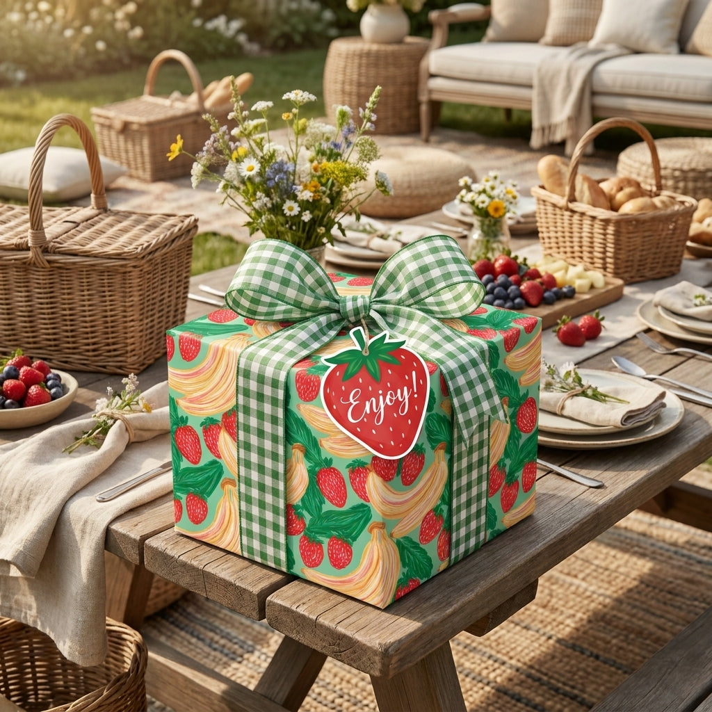 Strawberry fruit wrapping paper with a green gingham bow at a backyard picnic, by Wrapped Studios.